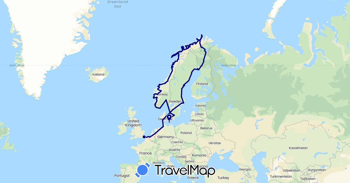 TravelMap itinerary: driving, bus, train, hiking, boat in Belgium, Germany, Denmark, Finland, France, United Kingdom, Netherlands, Norway, Sweden (Europe)